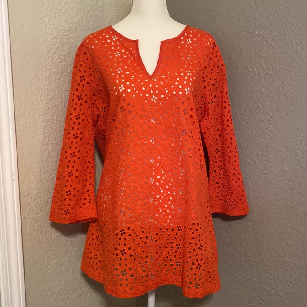 TALBOTS bright orange Eyelet tunic top